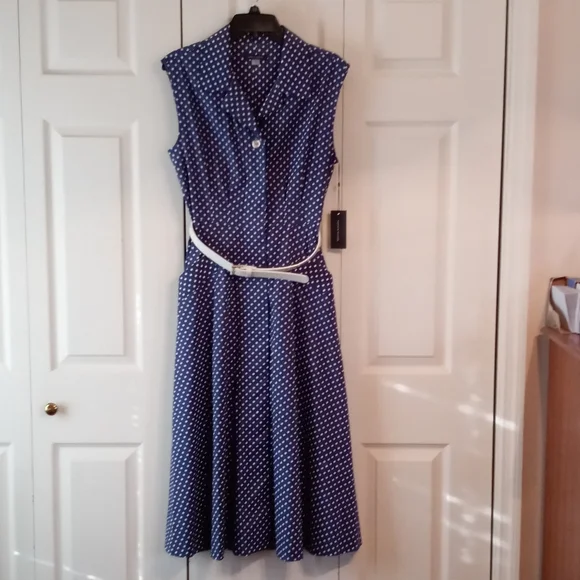 NWT Tommy Hilfiger Navy Polka Dot Belted Shirt Dress Size 10 - Picture 1 of 7